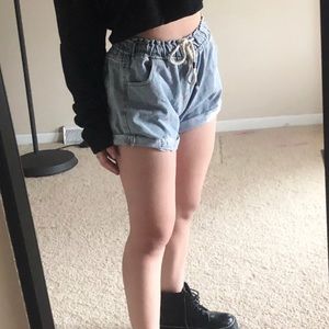 Ripped Rolled Hem Elastic Waist Denim Shorts